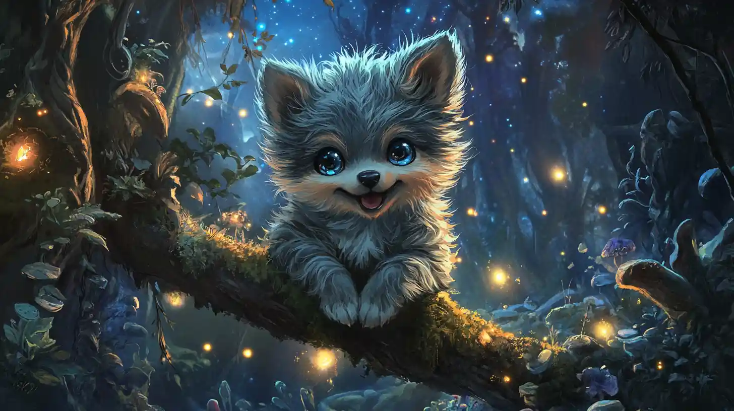 Dolce cucciolo di lupo su ramo luminoso in una foresta incantata