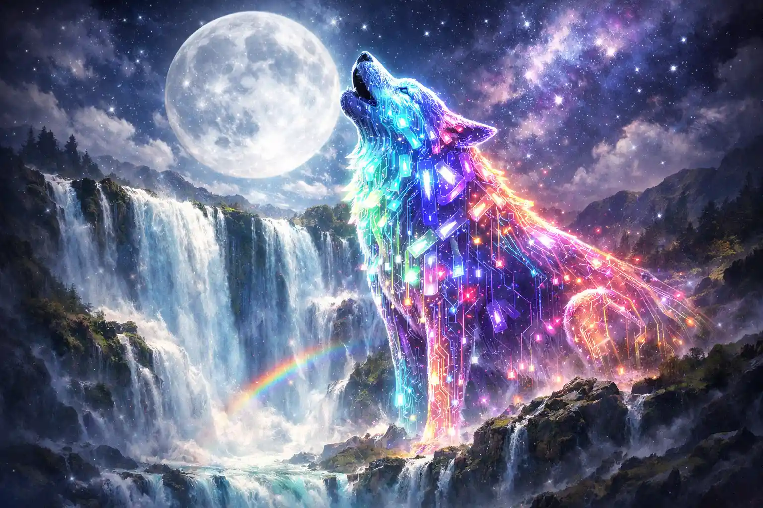 光り輝く幻想の滝に遠吠えする二重露光のオオカミ