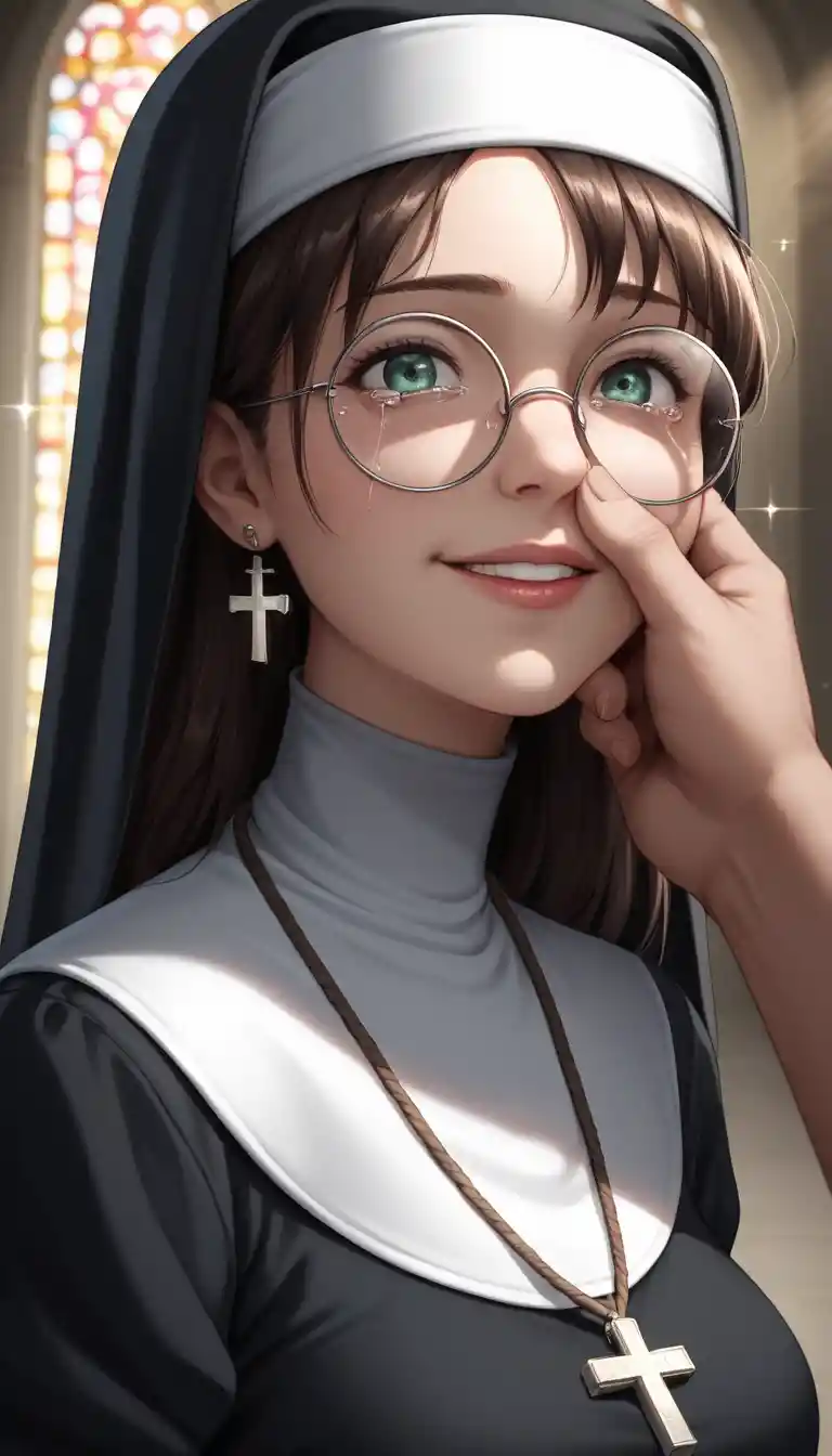 Suora anime che piange in un oscuro corridoio scolastico
