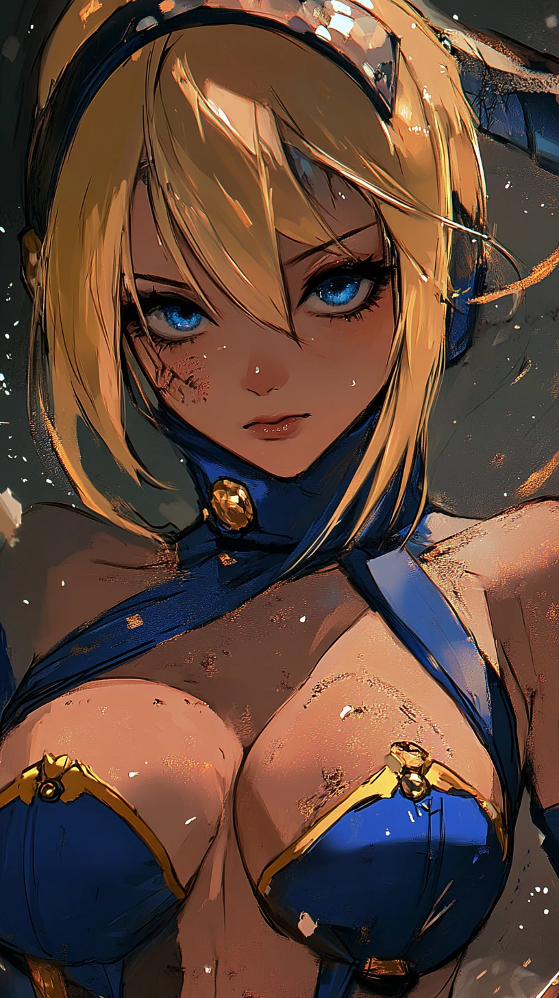 Scarred warrior woman with tattoos in anime battle scene