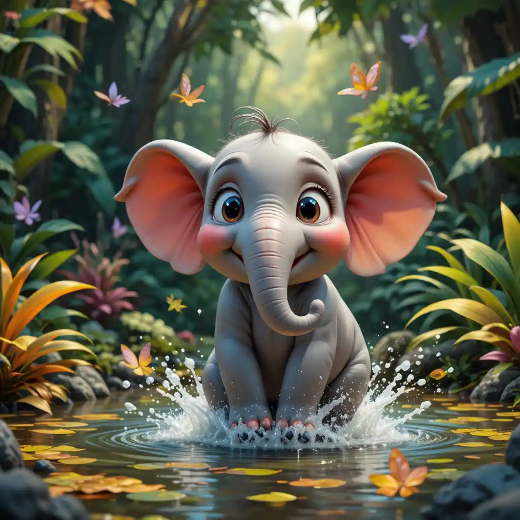 Cute cartoon elephant playing in a colorful jungle pond