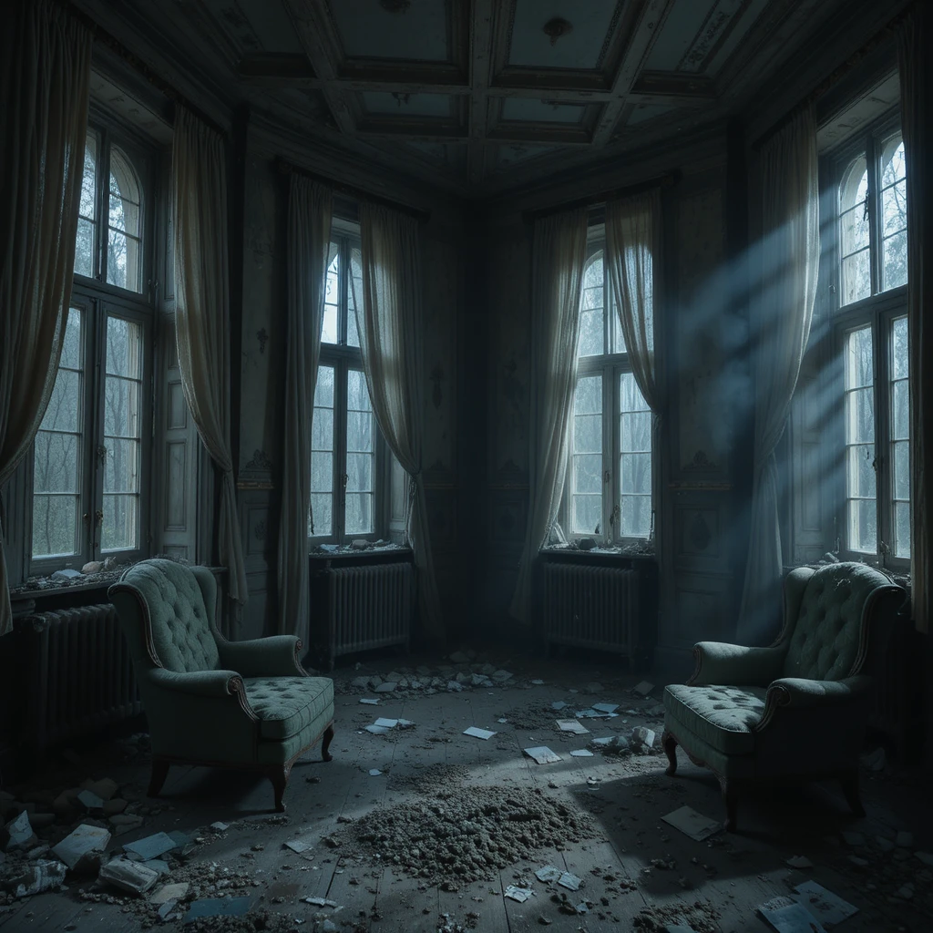 Abandoned manor interior in moonlight with drifting mist