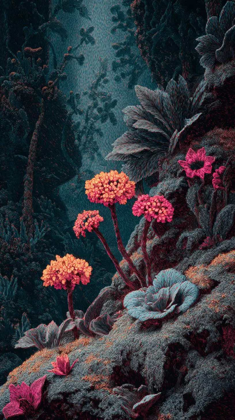 Foresta fantasy surreale con sciamano bioluminescente e fiori