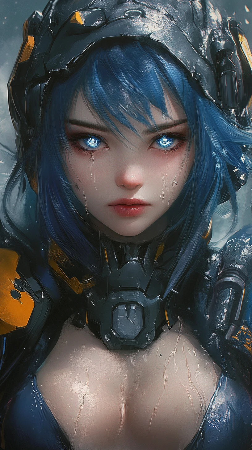 Close up of tattooed anime warrior woman in blue armor