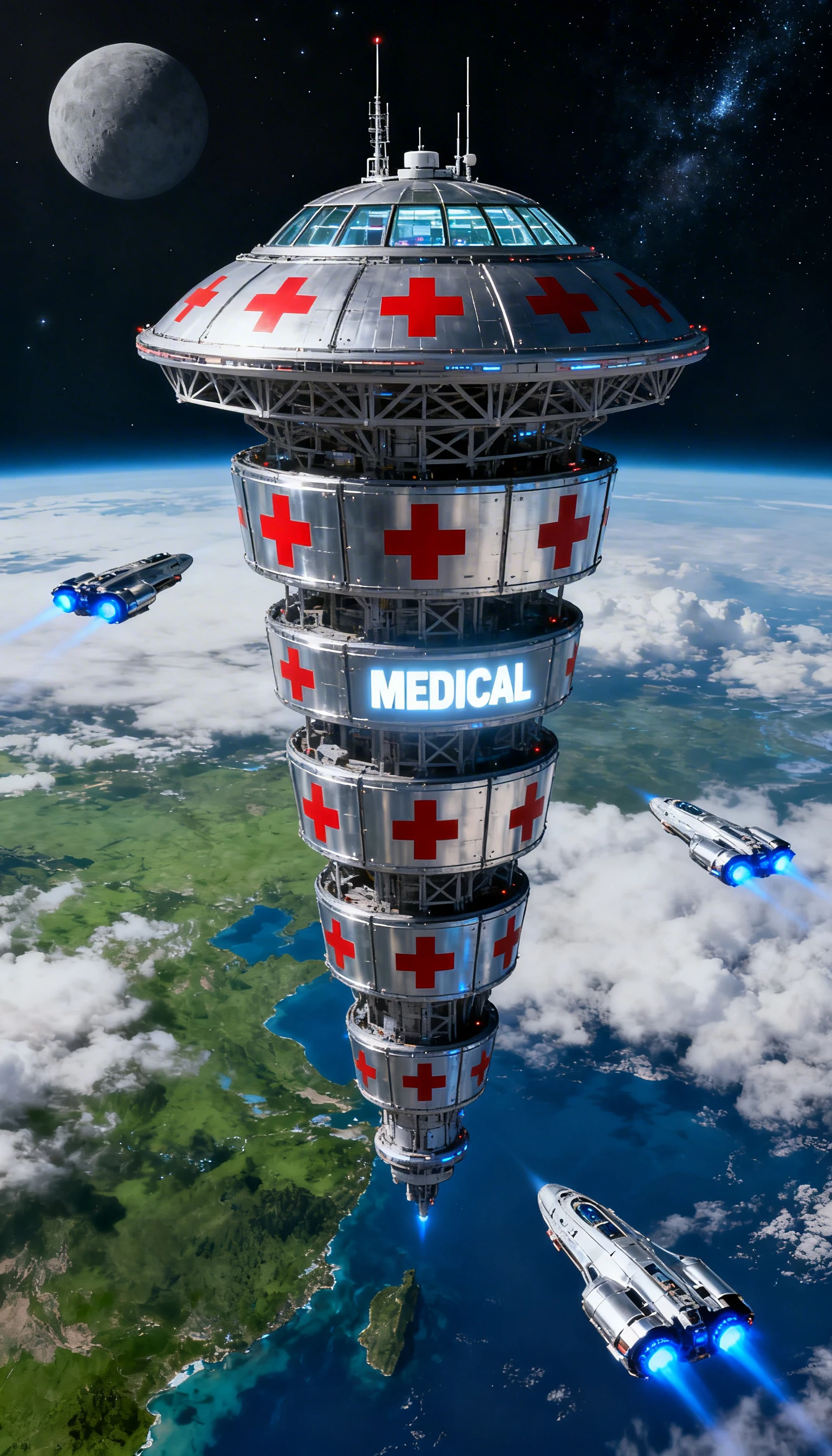 Estación médica orbital futurista sobre una Tierra cubierta de nubes
