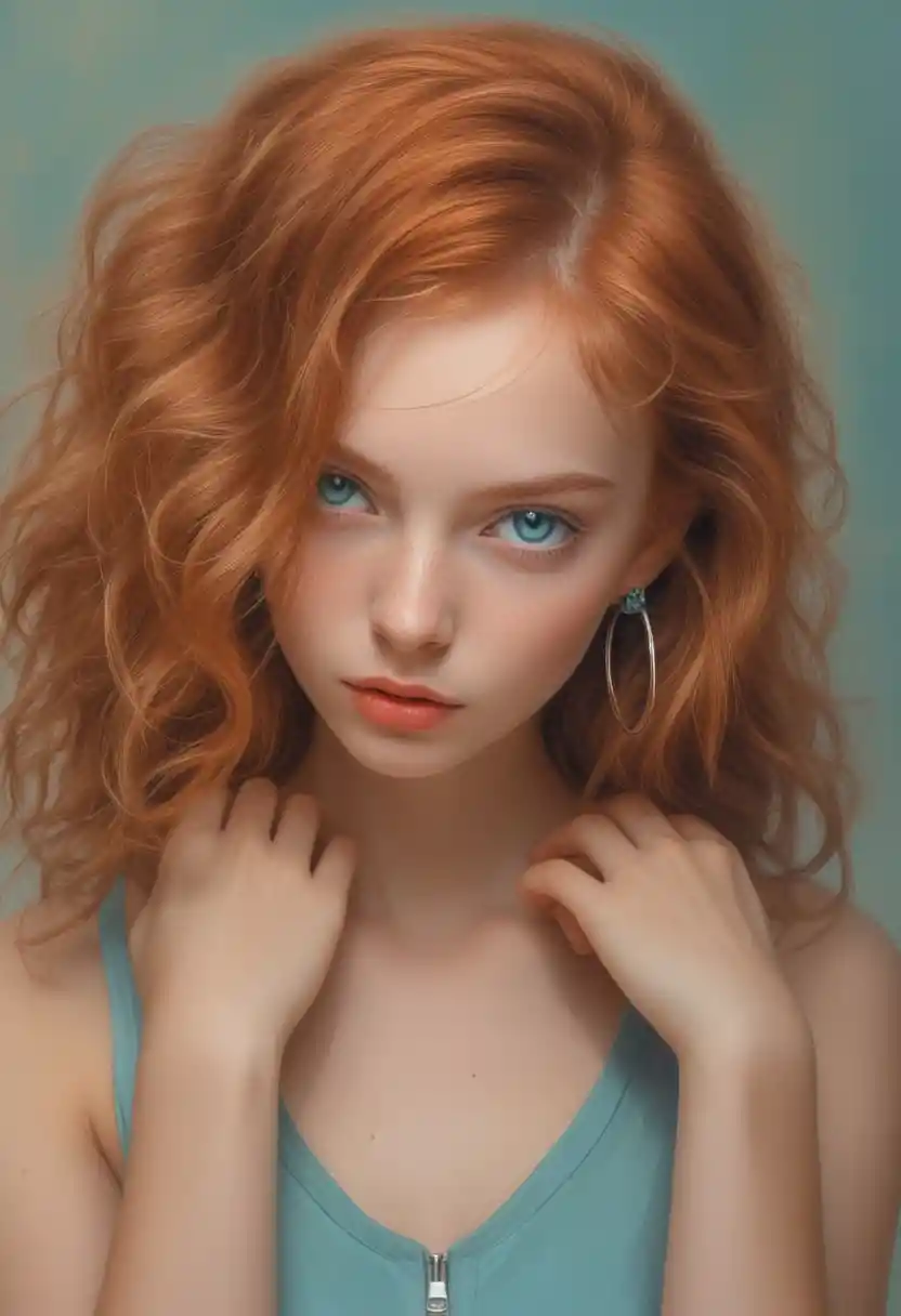 Portrait d’une jeune femme rousse devant un mur bleu texturé