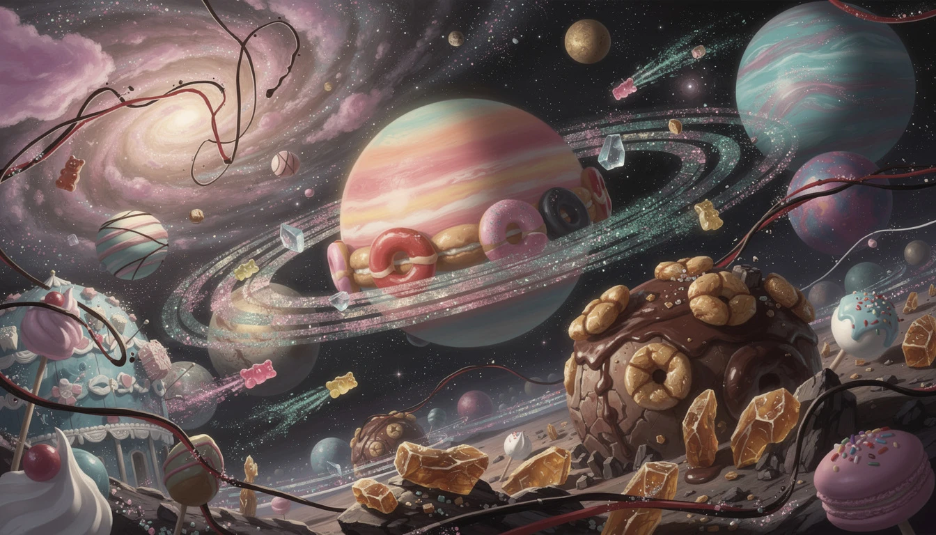 Galaxias y planetas de caramelo en un paisaje cósmico de ensueño