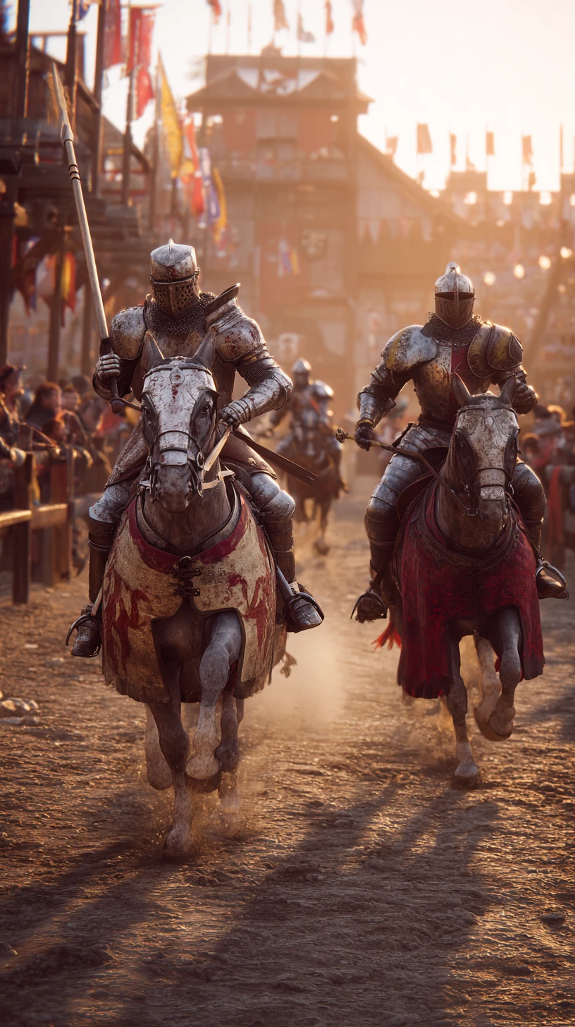 Cavalieri medievali in giostra in un’arena cinematografica