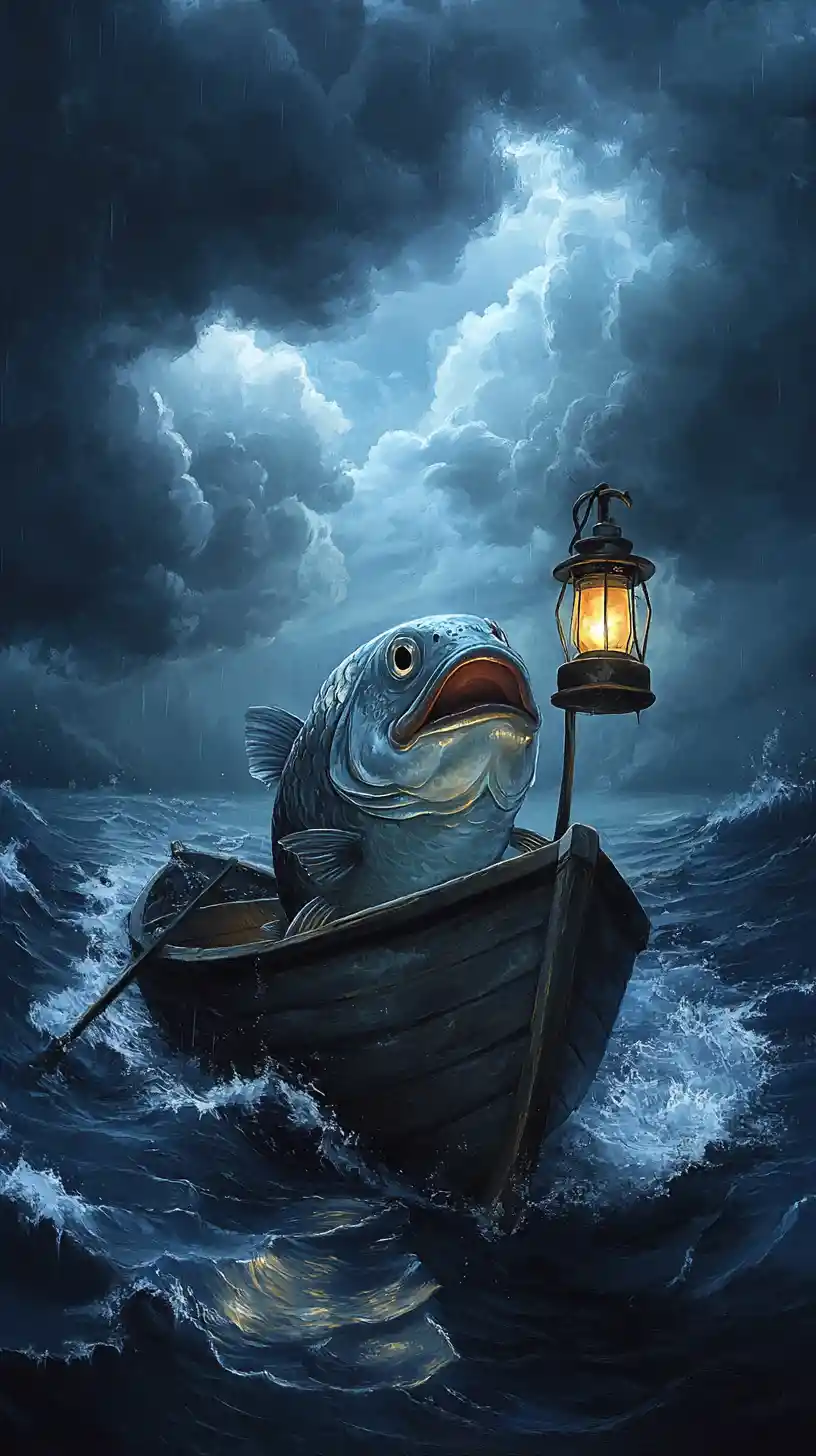 Smiling fish with oil lamp in a small boat at sea