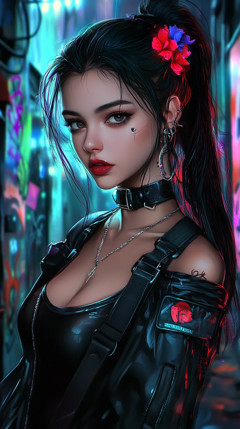 Confident Anime Woman In Vinyl Outfit In Neon Alley