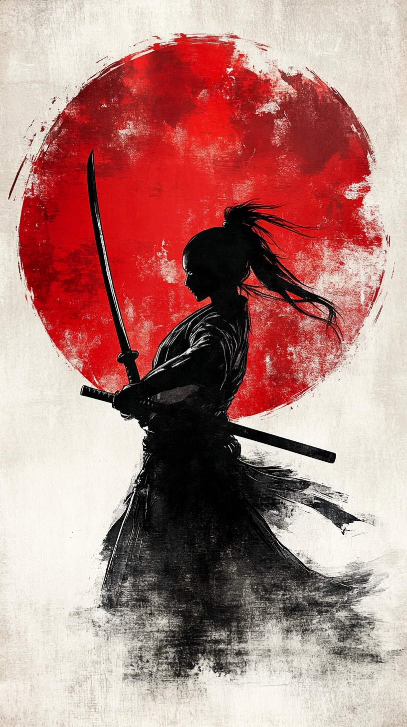 Silhueta de samurai feminina erguendo uma katana diante de um sol vermelho