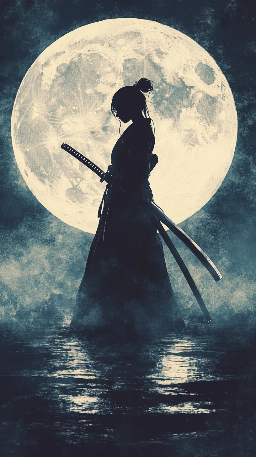Female samurai silhouetted against a glowing full moon