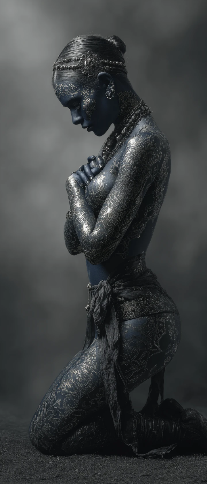 Blue skinned woman kneeling with ornate celtic body art