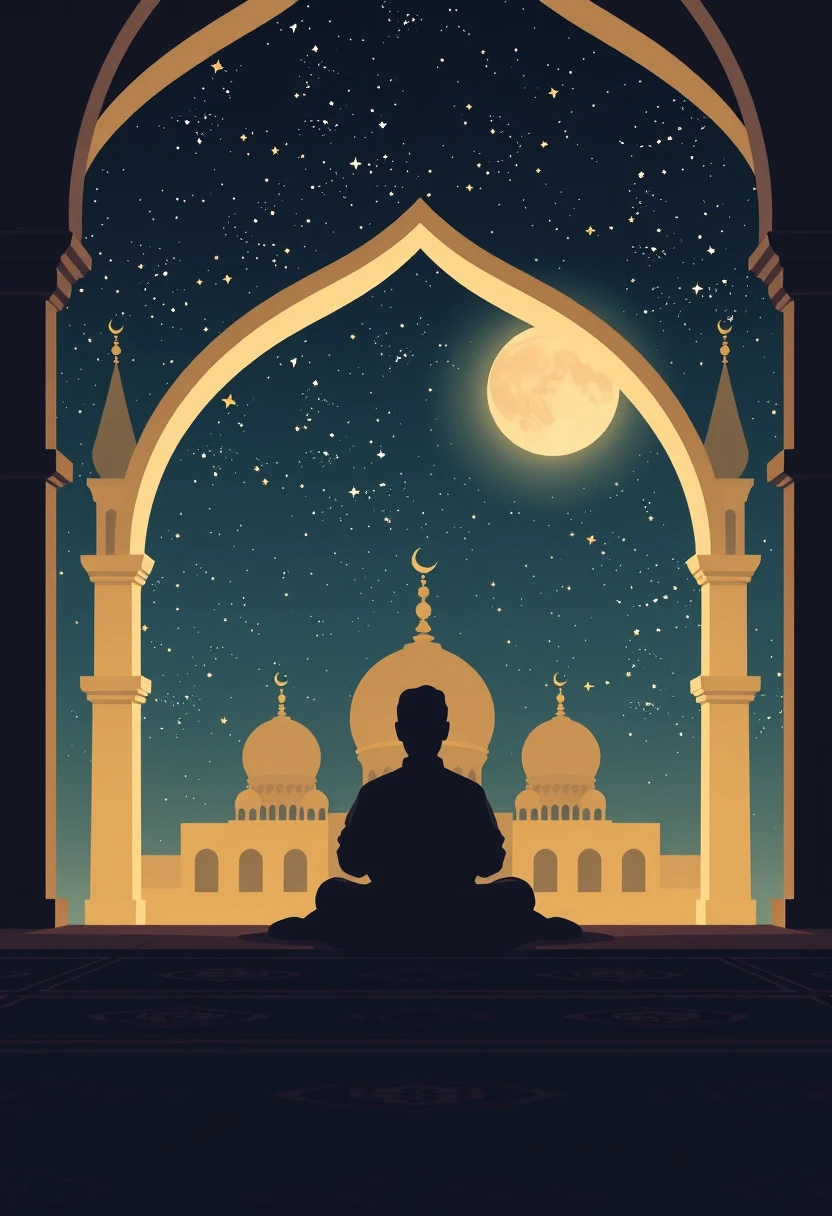 Figura contemplativa bajo el cielo nocturno de una mezquita iluminado por la luna