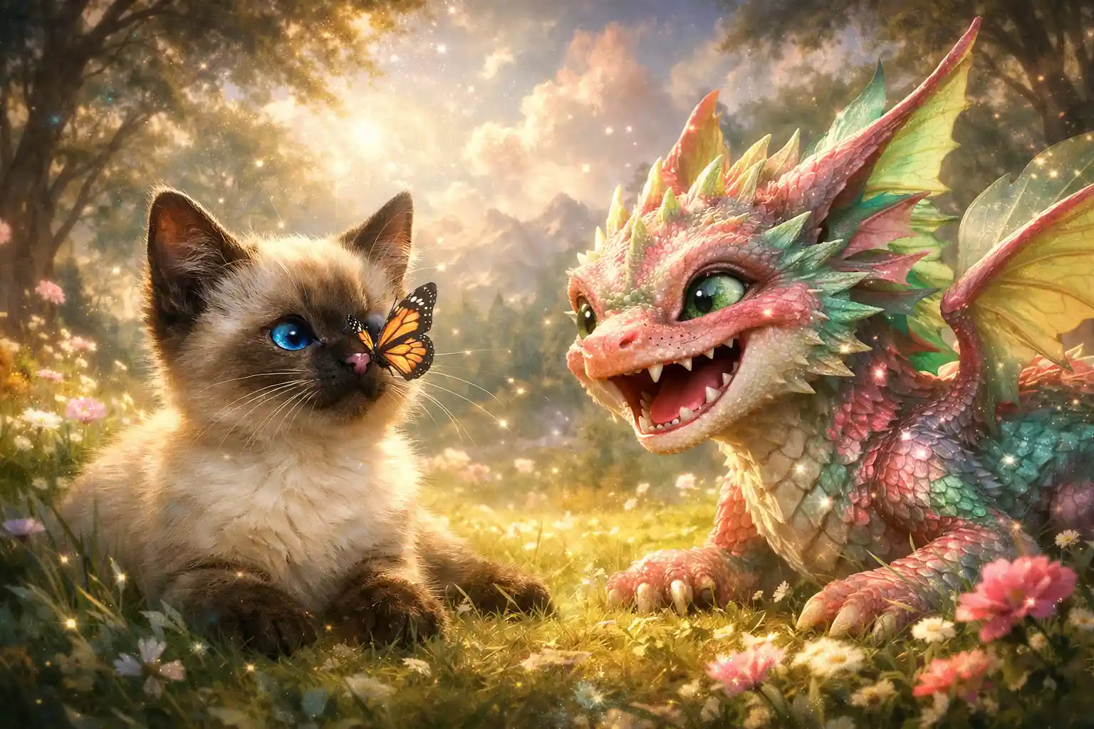Siamese kitten and baby dragon in a sunny meadow