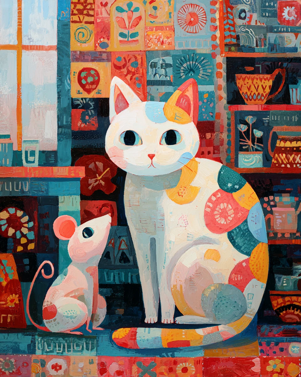 Tierno gato y ratón en un acogedor apartamento de arte folclórico