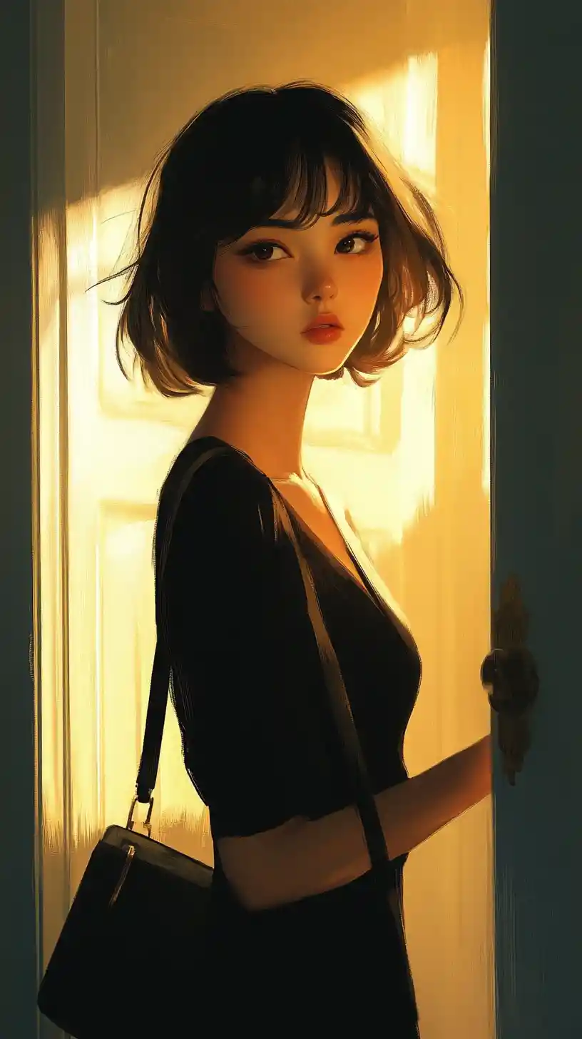 은은한 불빛이 비추는 문가에 서 있는 우 melancholy한 애니메이션 소녀