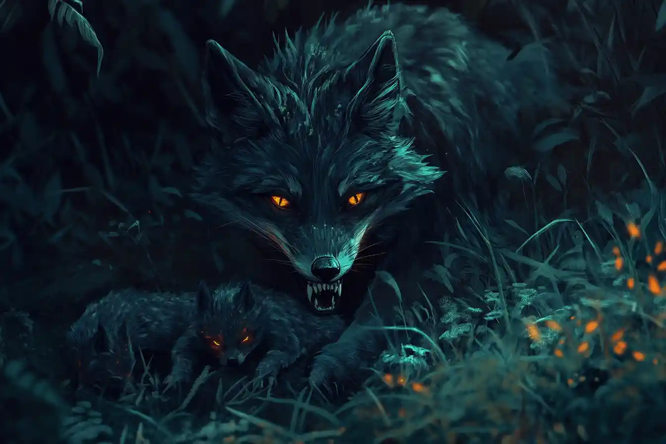 Bioluminescent Fox Mother Guarding Her Young At Night