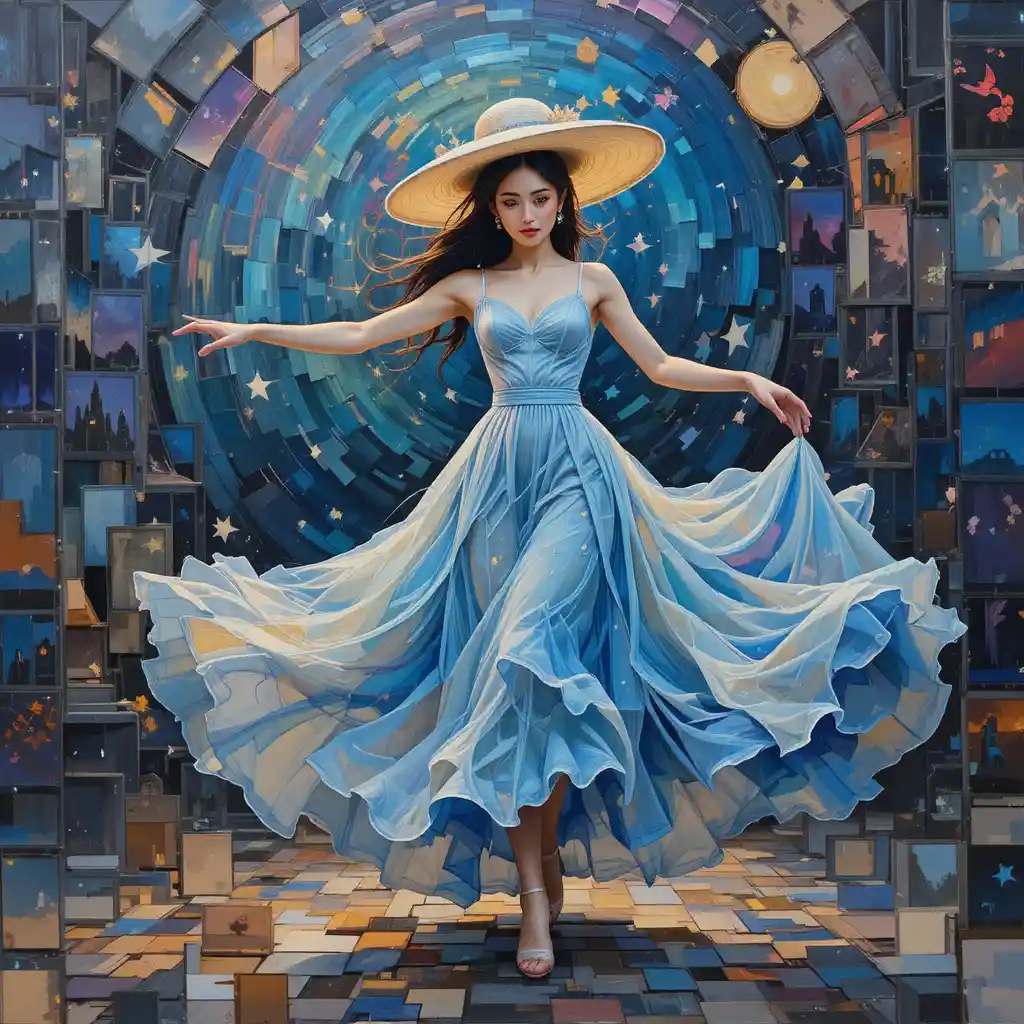 Dancing woman in blue dissolving into film strip collage