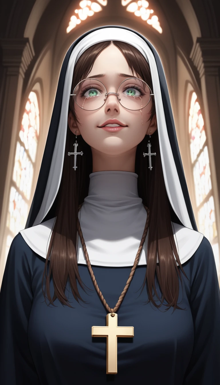 Crying anime nun in a dim school hallway
