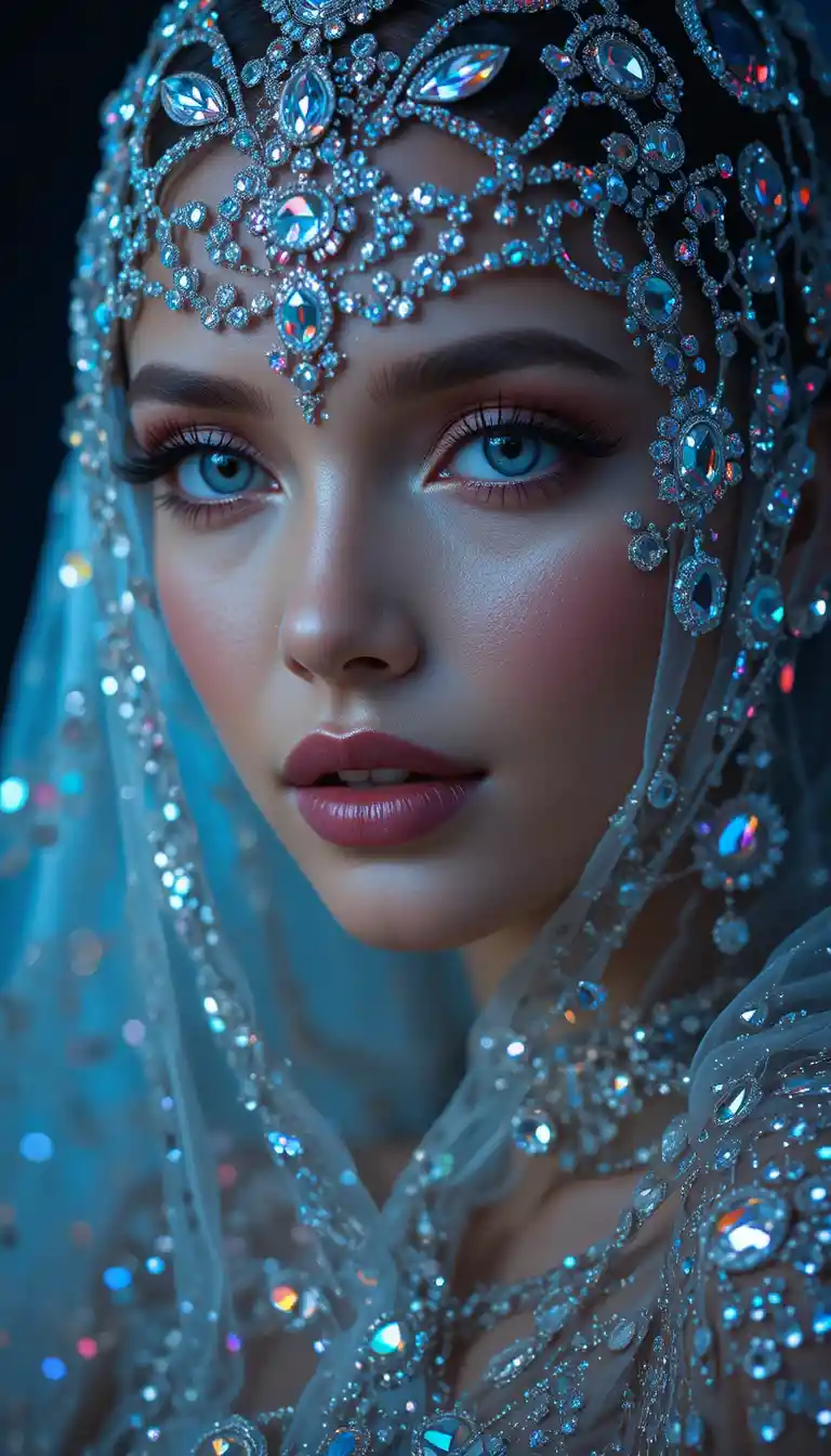 Glamorous woman in jeweled nylon headpiece with soft shimmering smile