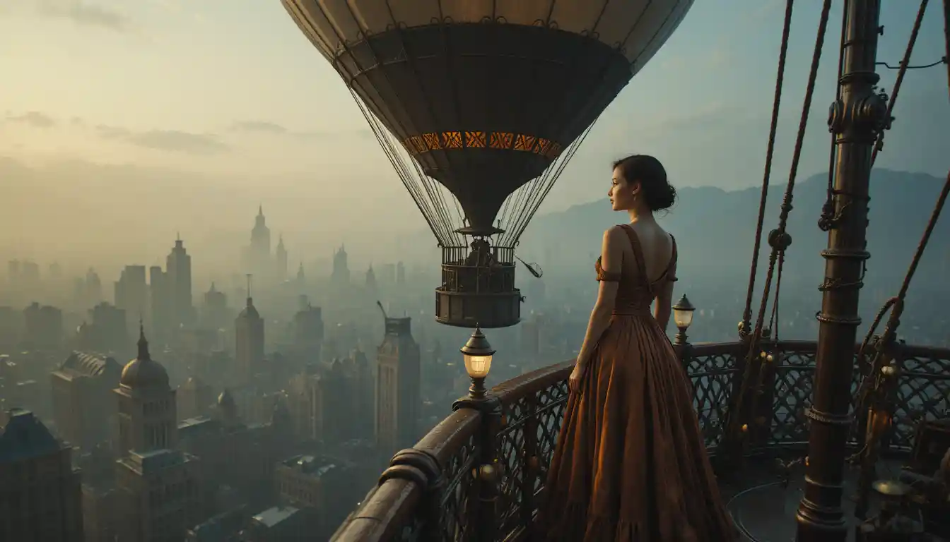 Young woman on steampunk airship above glowing city
