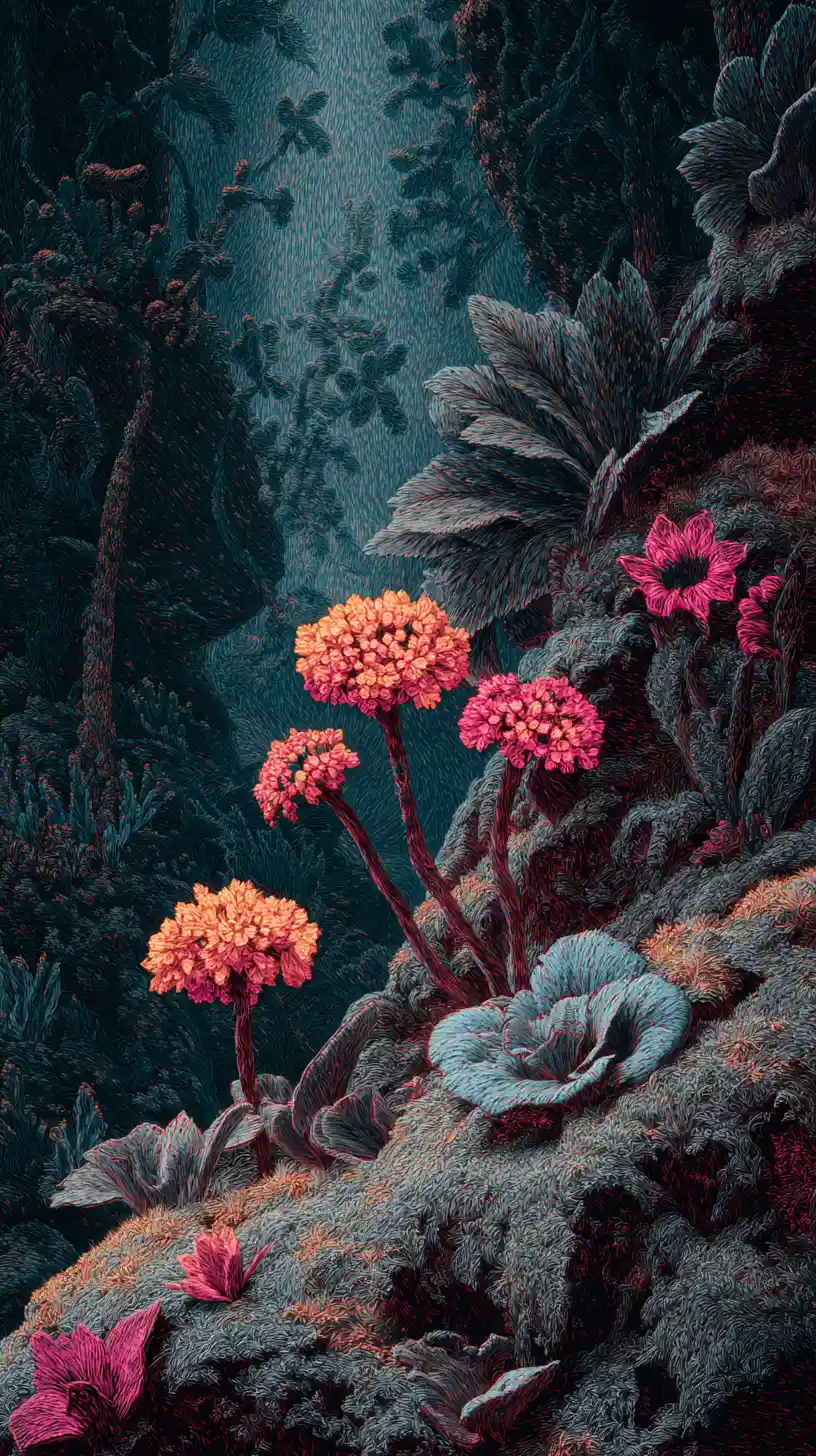 Surreal fantasy forest with bioluminescent shaman and flowers