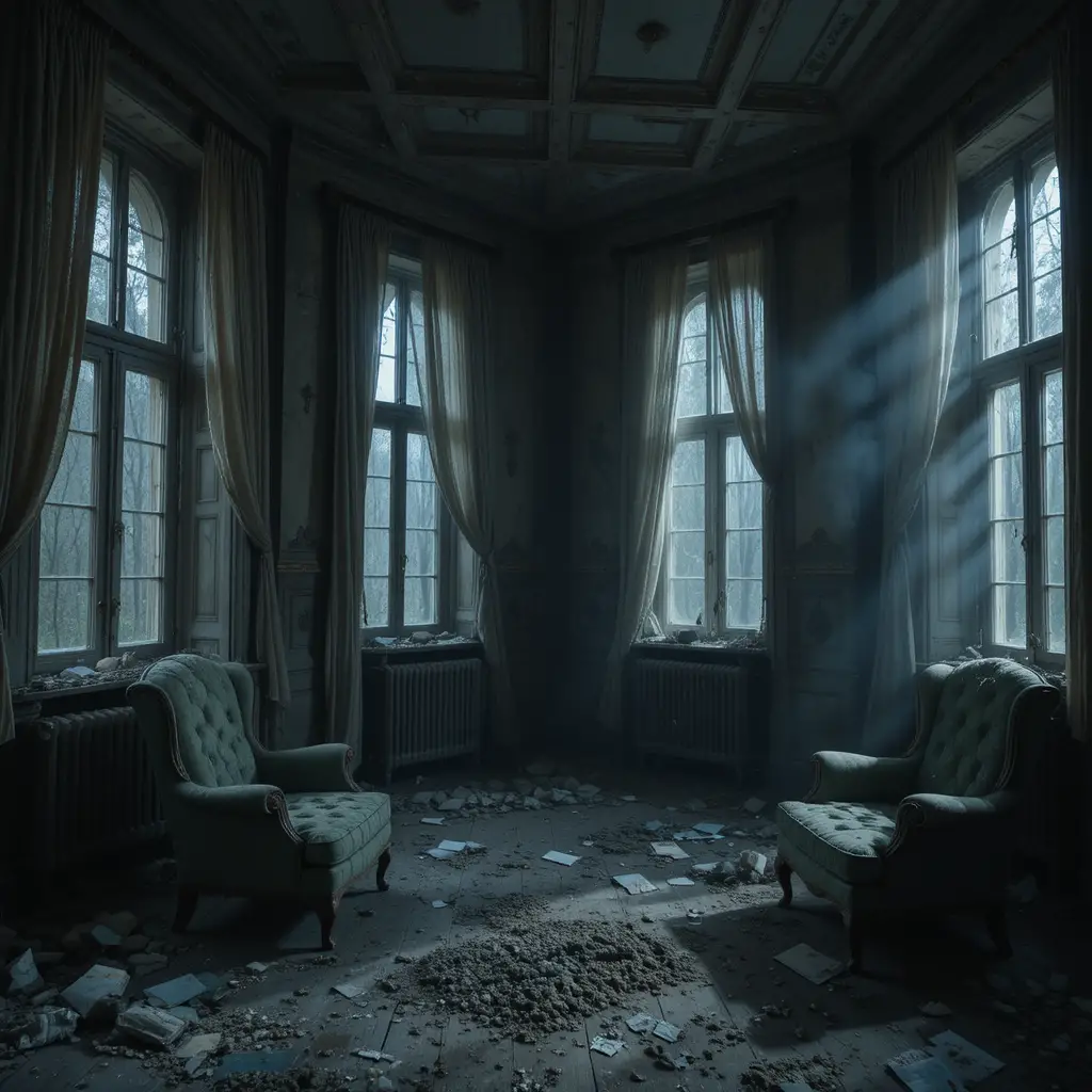 Abandoned manor interior in moonlight with drifting mist