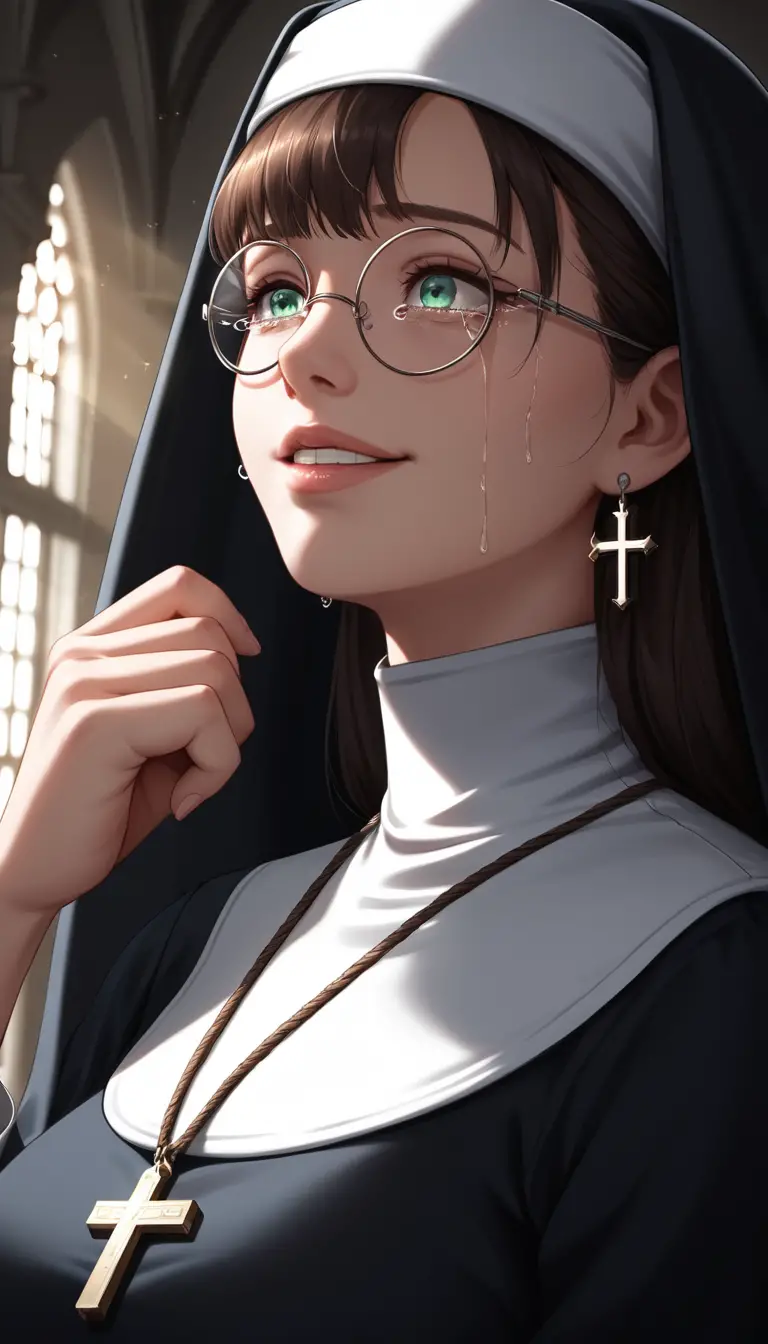 Crying anime nun in a dark deserted school hallway