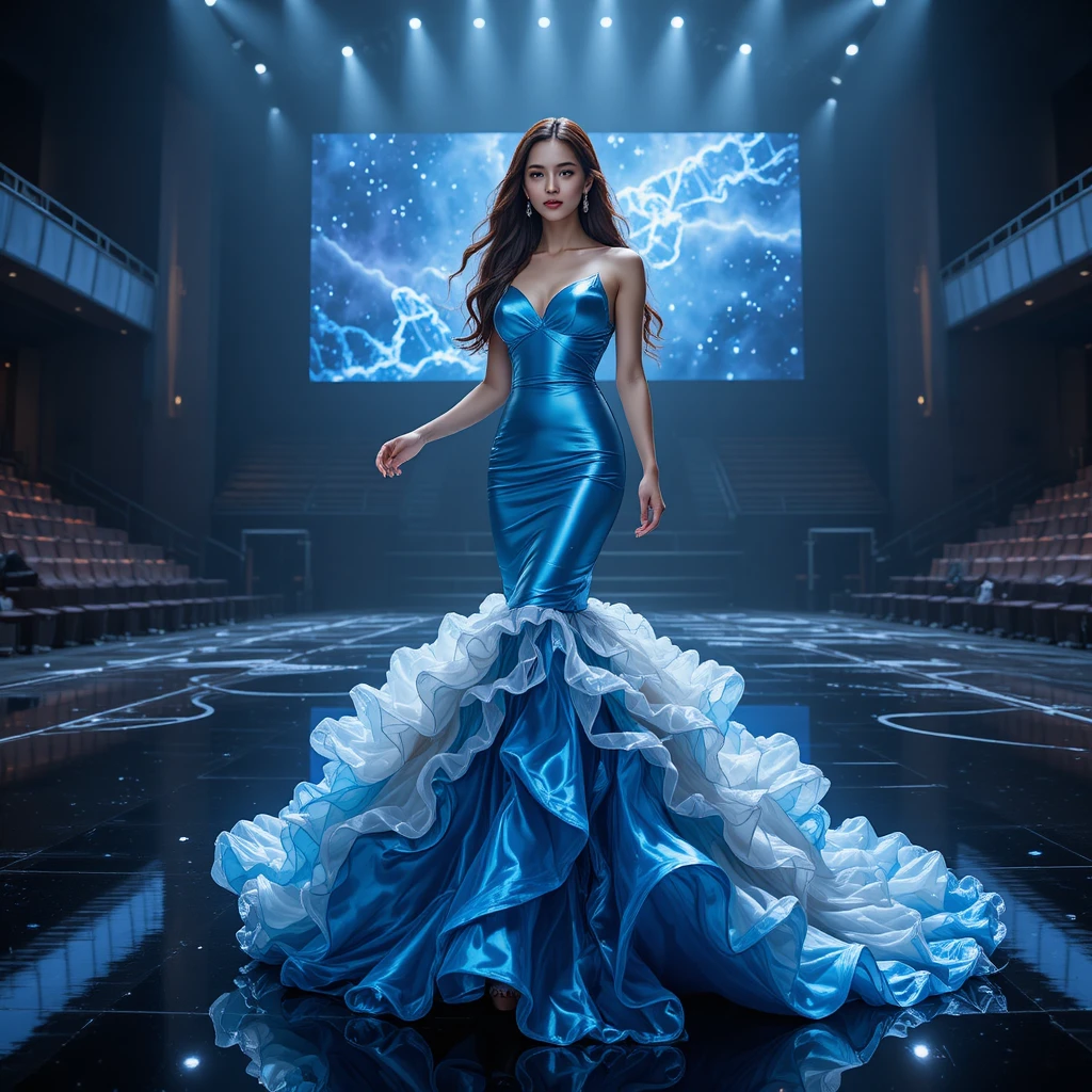 Concursante coreana de certamen de belleza con vestido azul de metal líquido