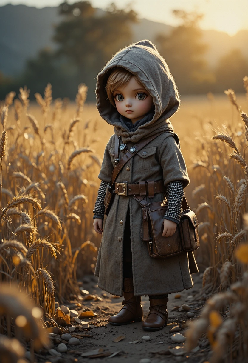Small cloaked traveler doll in a sunlit wheat field