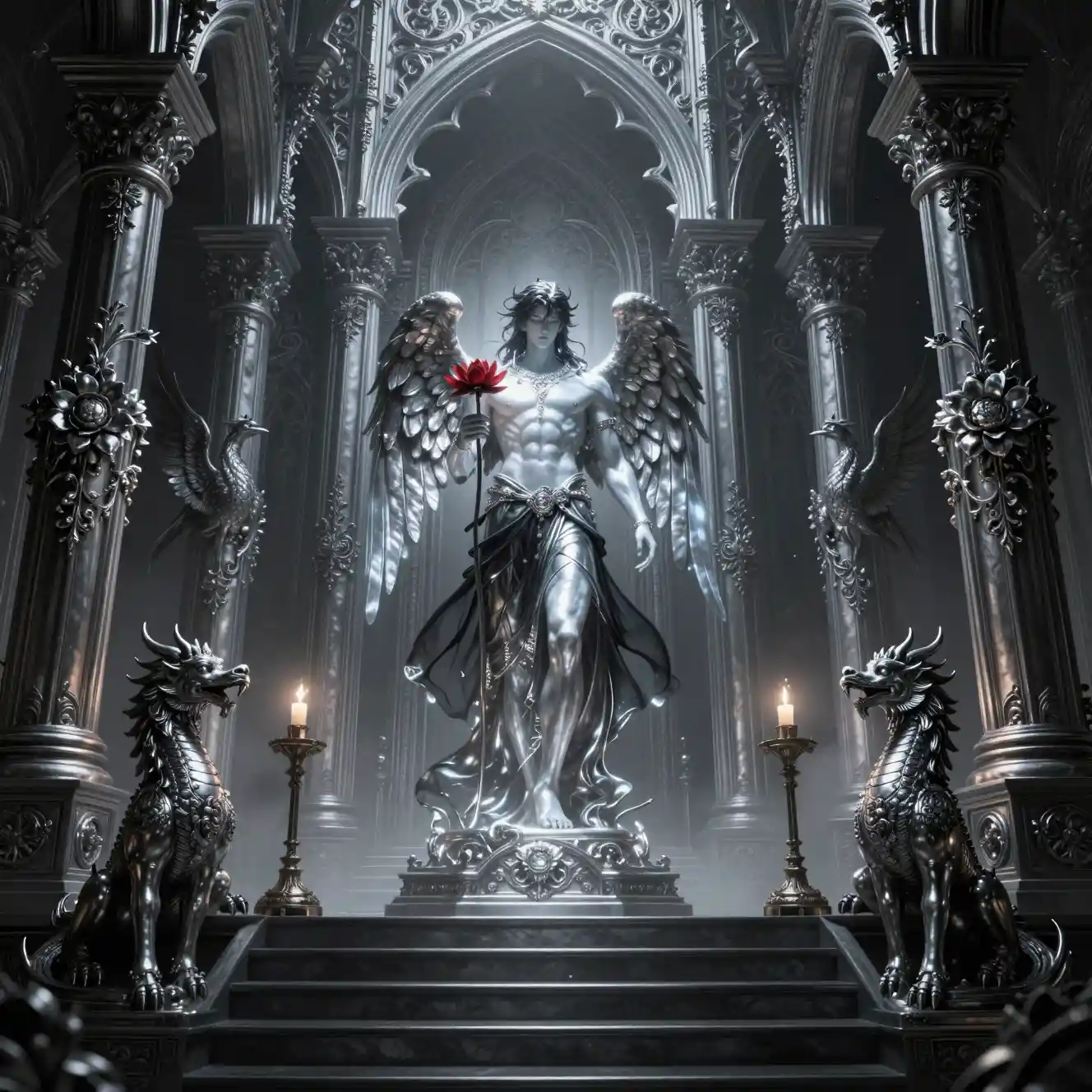 Gothic fantasy temple with silver columns and statues