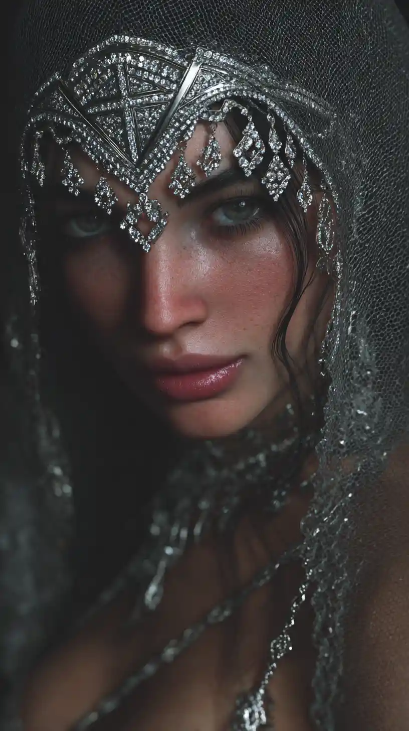 Elegant heroine in jeweled veil with shimmering smile