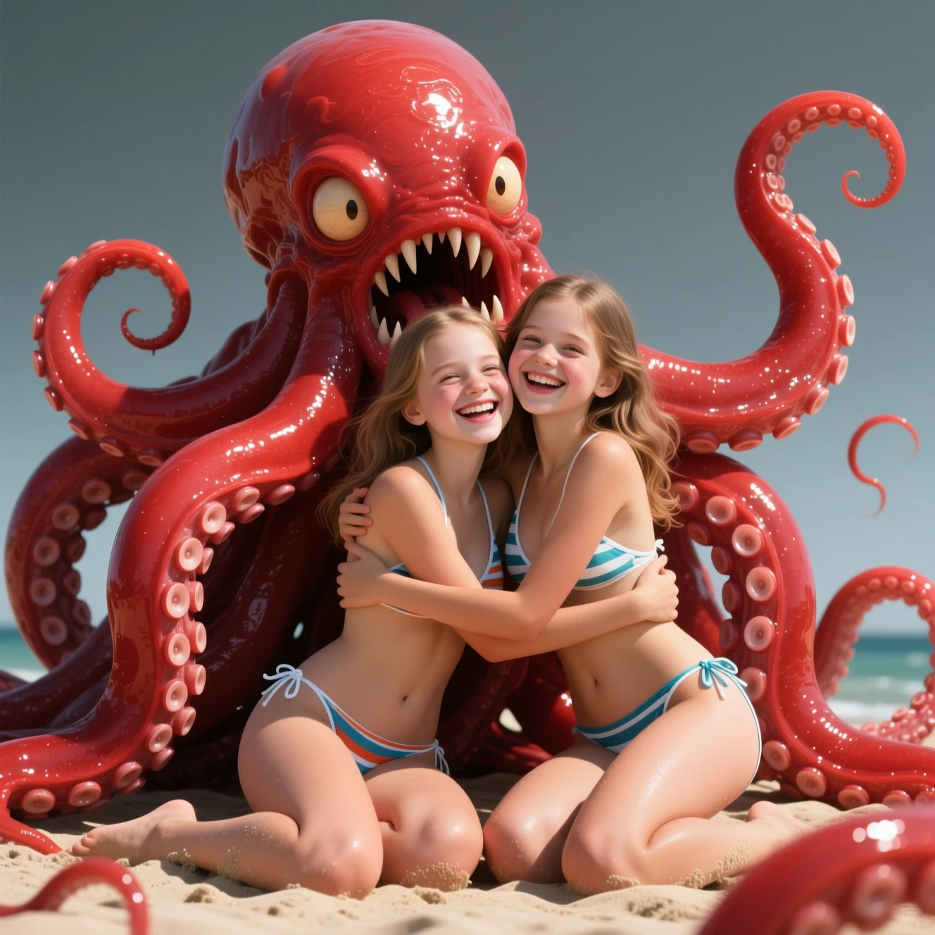 Two young girls hugged by massive red tentacle creature