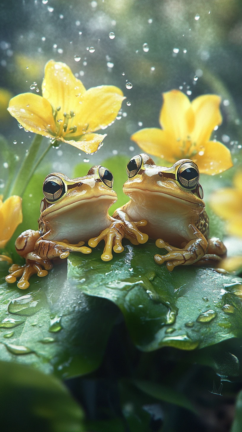 Zwei flauschige Frösche auf Blättern zwischen regennassen gelben Bluebells
