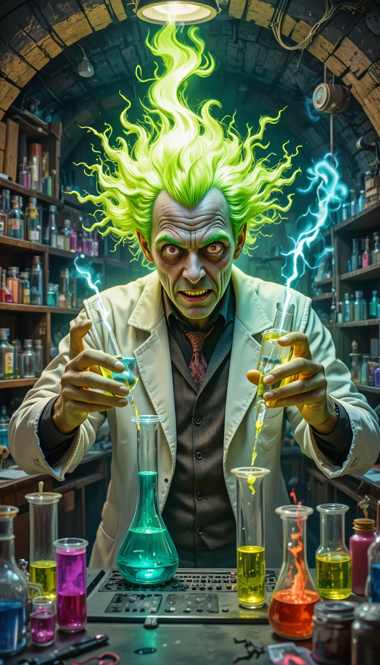 Mad scientist with green flaming hair in eerie laboratory