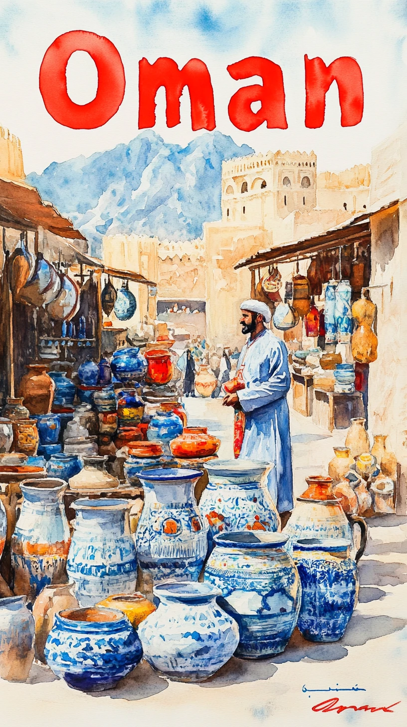 Watercolor view of traditional pottery in Nizwa souq Oman
