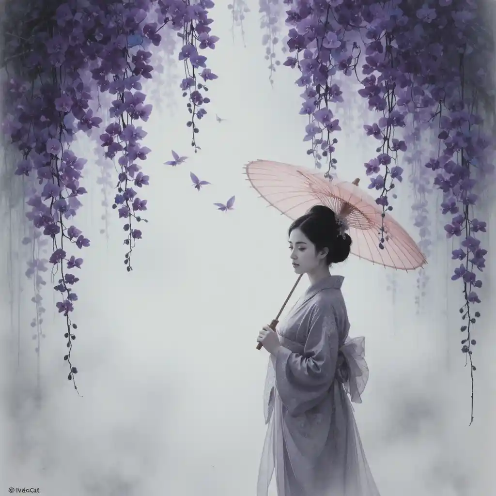Violet orchids before a blurry woman with a red parasol