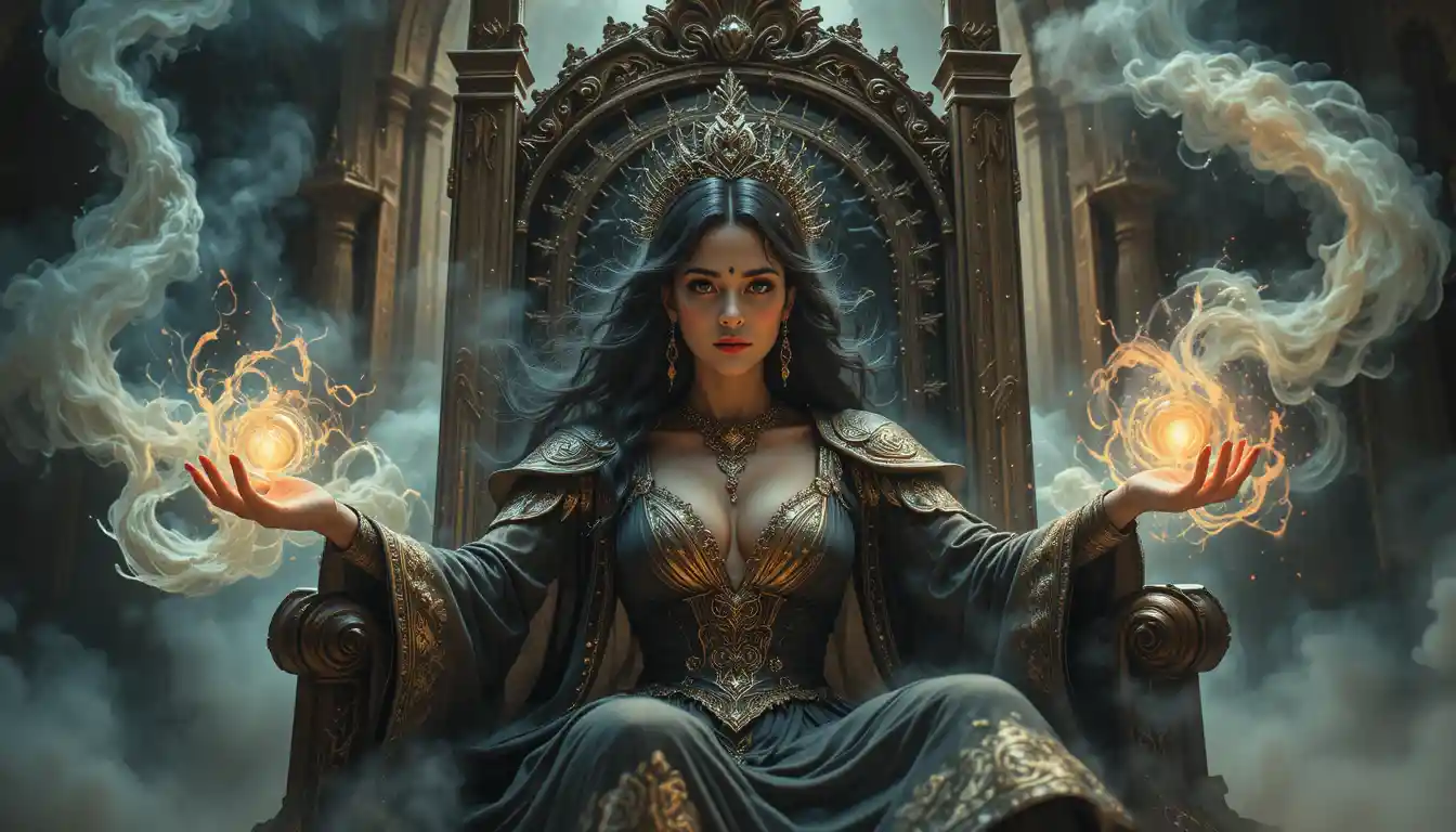 Sorceress on a throne shaping glowing arcane energy