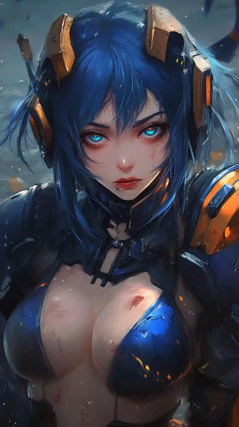 Scarred anime warrior woman in blue armor close up