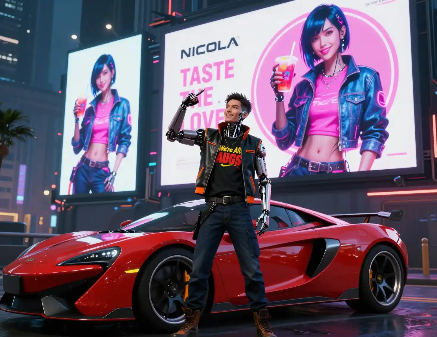Cyberpunk man flexing by red sports car in neon city