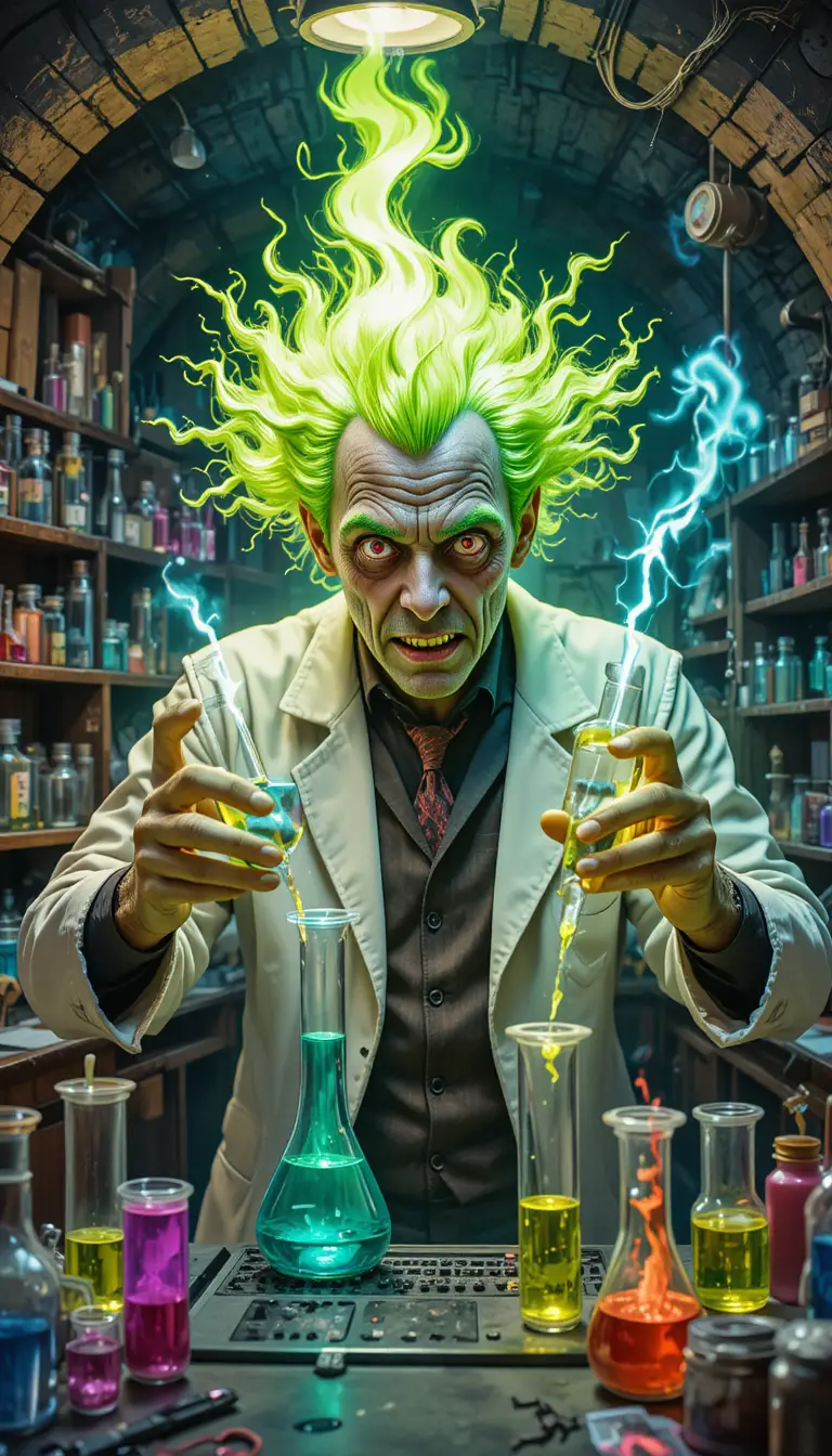 Mad scientist with green flaming hair in eerie laboratory