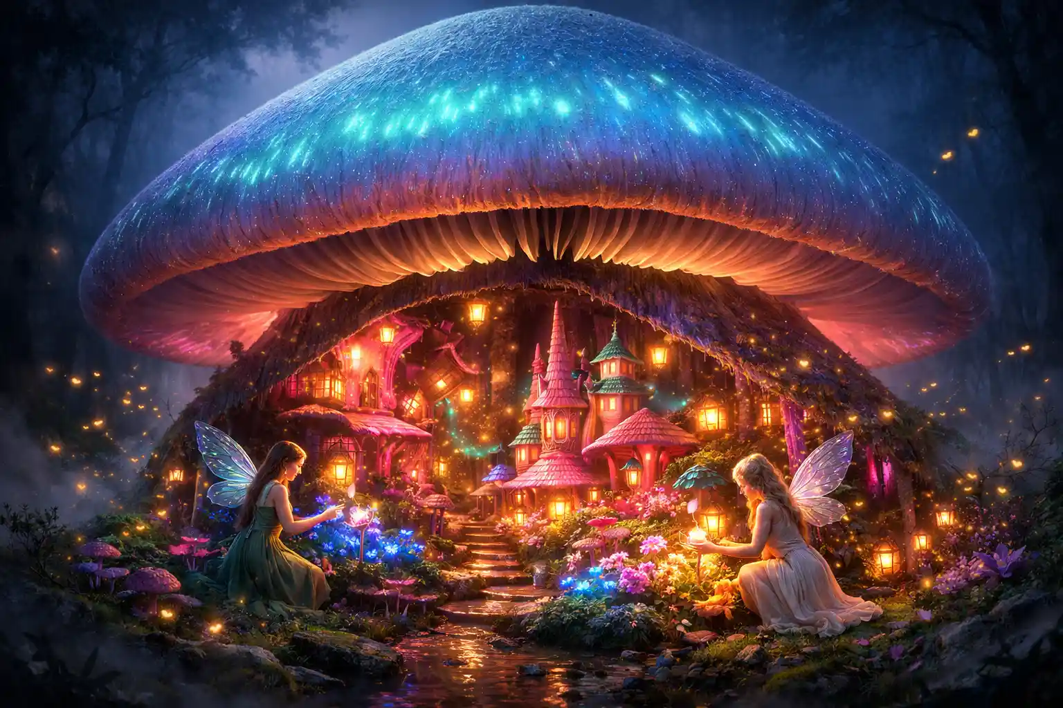Glowing Mushroom Sanctuary In A Misty Enchanted Forest