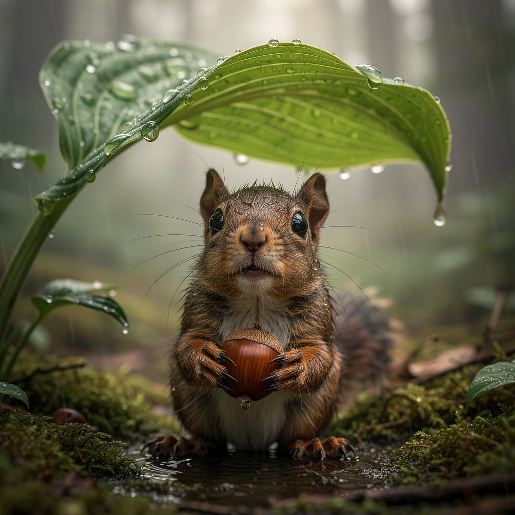 Tiny baby squirrel sheltering under a green hosta leaf