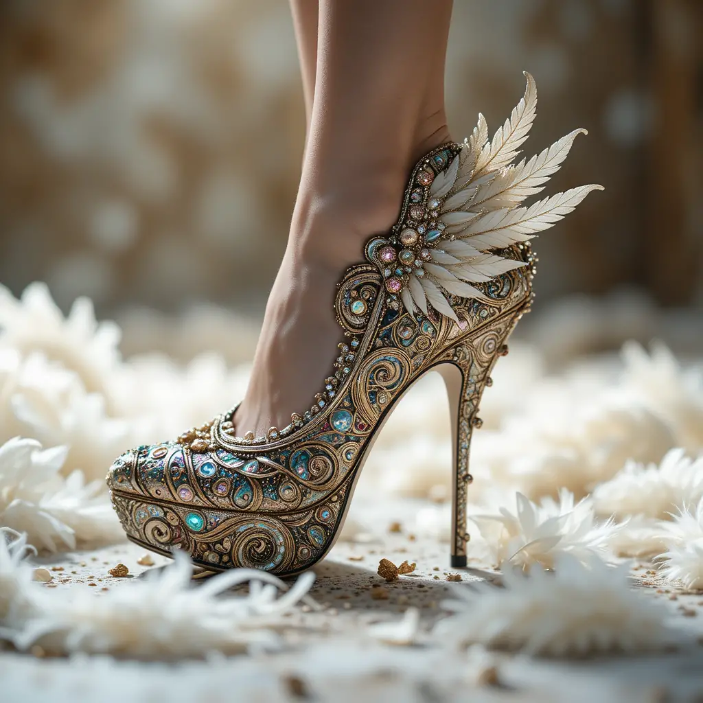 Ornate jeweled high heel with feathered wing detail