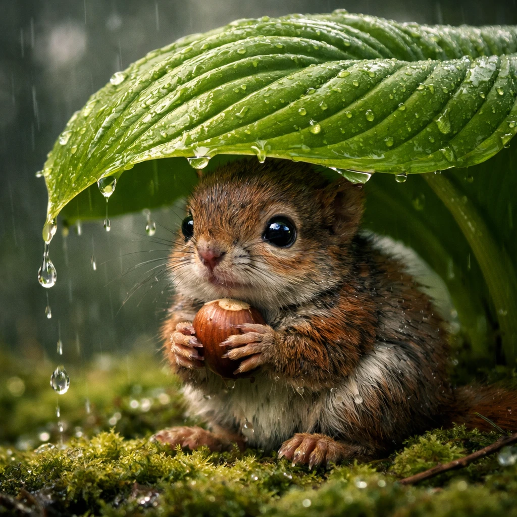 Baby squirrel sheltering under a leaf in gentle rain