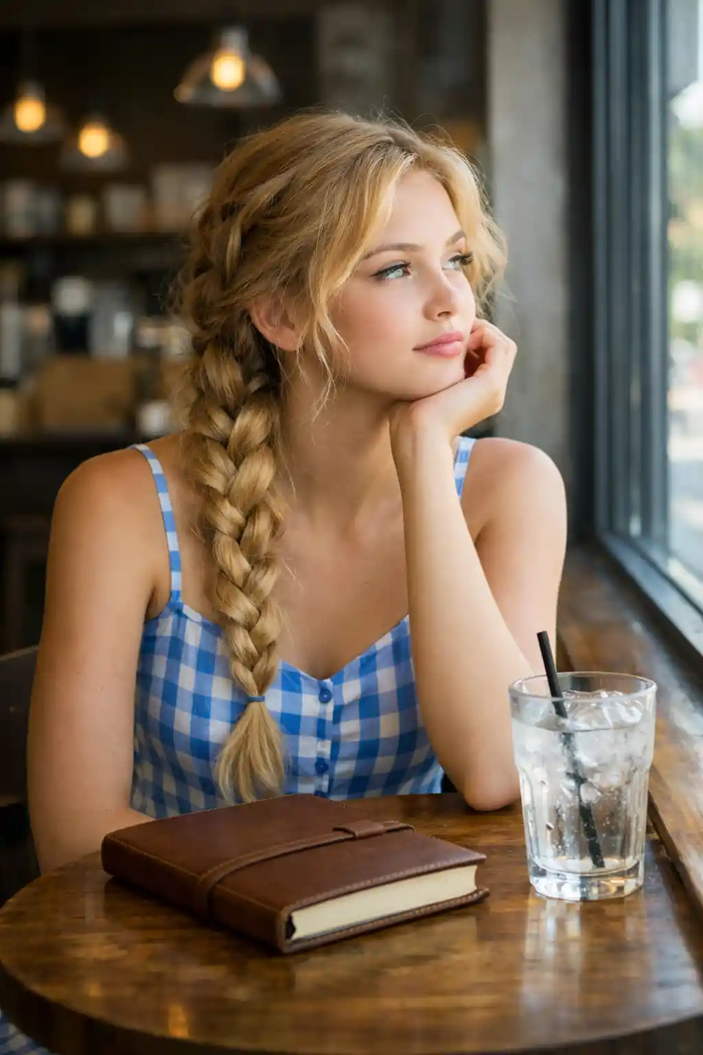 Adolescente en robe d’été bleue rêvant dans un café chaleureux