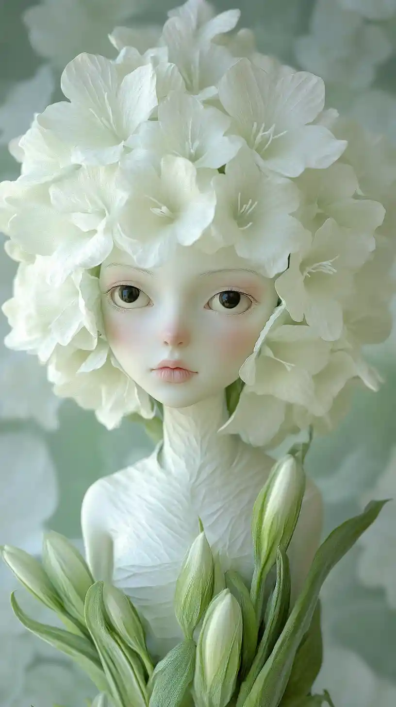Flower fairy woman with white hydrangea bouquet head