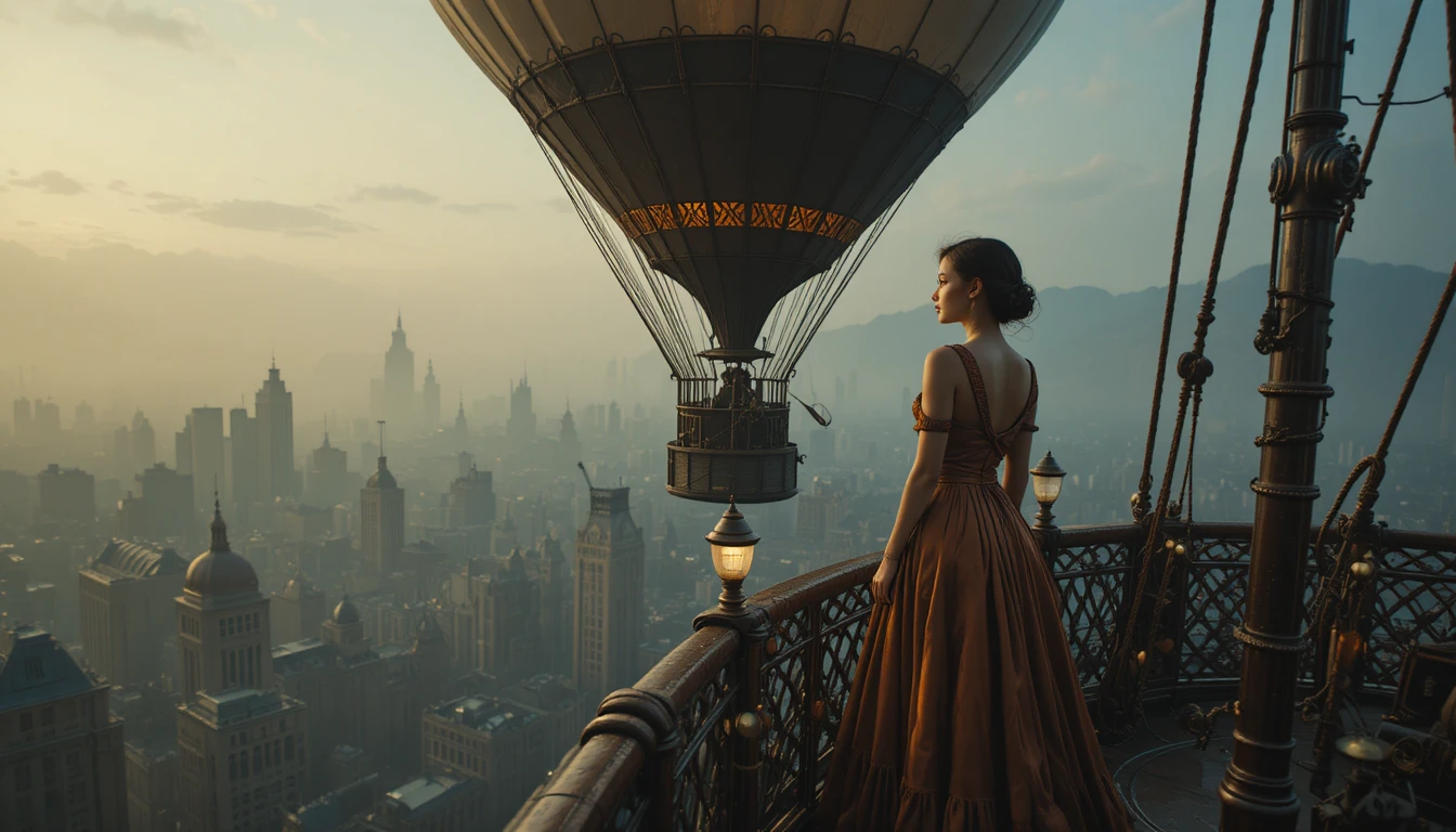 Young woman on steampunk airship above glowing city