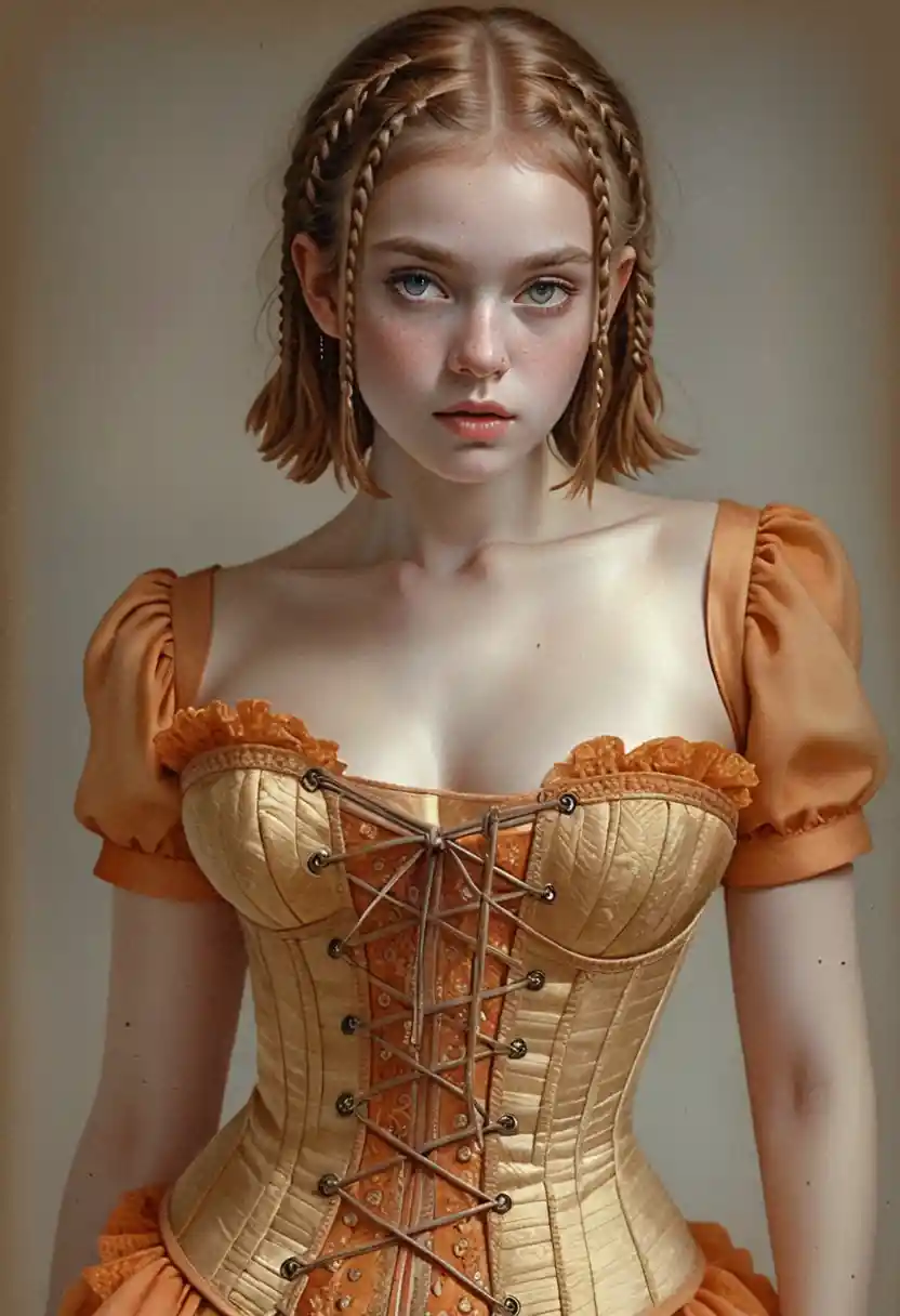Sepia portrait drawing of East Asian girl in corset